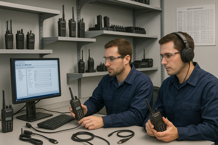 Professional technicians programming two-way radios in a modern electronics workshop