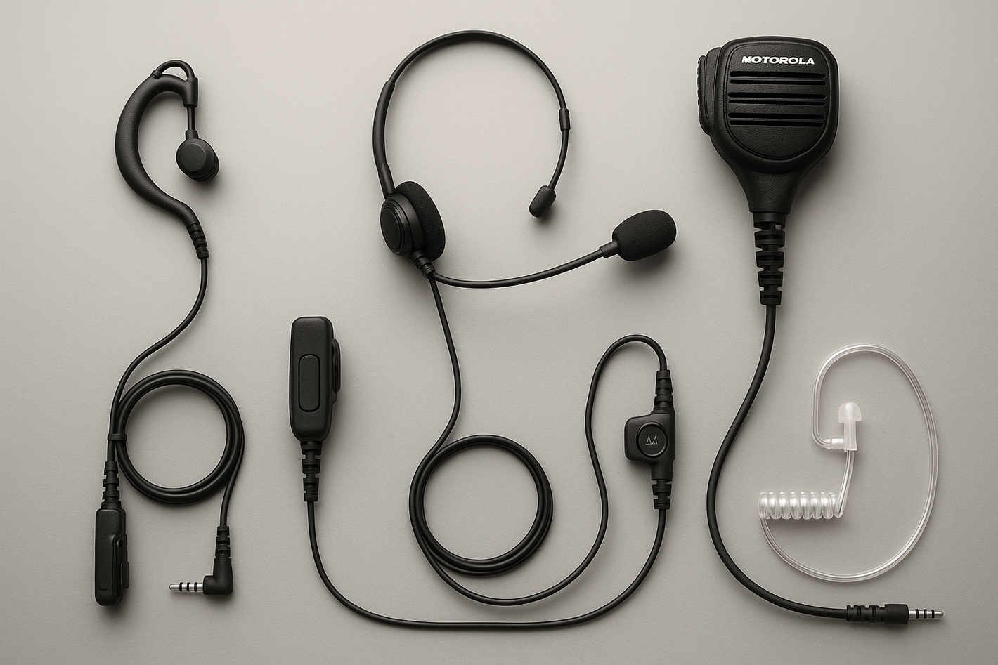 Various Motorola Solutions audio accessories including earpieces, headsets, and speaker mics arranged on a subtle gradient background